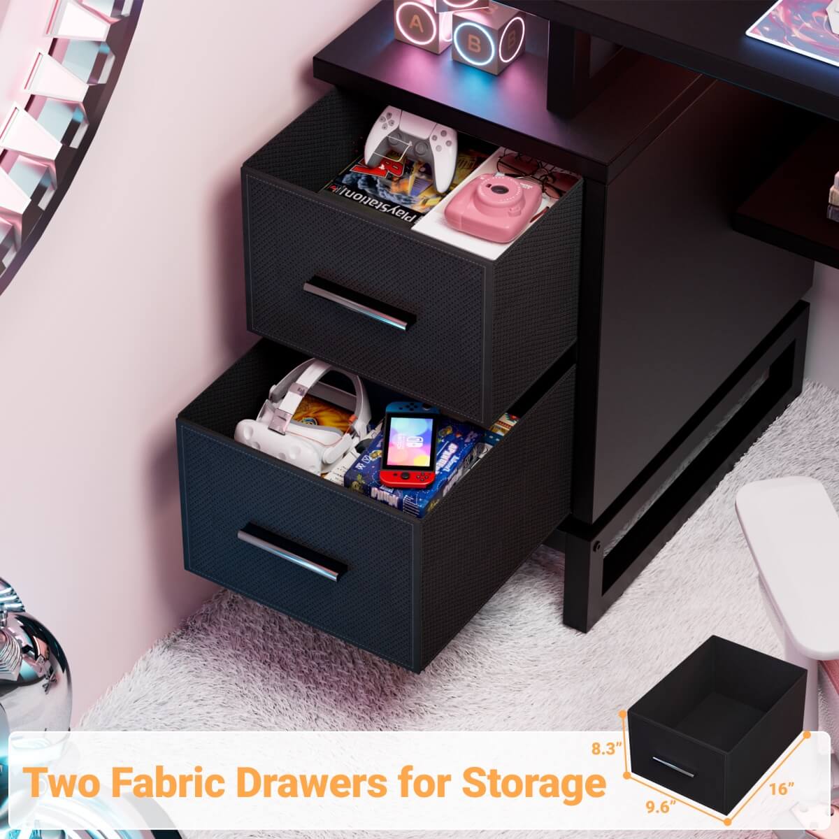 53 Inch Computer Desk with 2 Fabric Drawers, Reversible Home Office Desk with LED Lights, Power Outlets, Side Tall Shelf