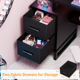 53 Inch Computer Desk with 2 Fabric Drawers, Reversible Home Office Desk with LED Lights, Power Outlets, Side Tall Shelf