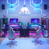 53 Inch Computer Desk with 2 Fabric Drawers, Reversible Home Office Desk with LED Lights, Power Outlets, Side Tall Shelf