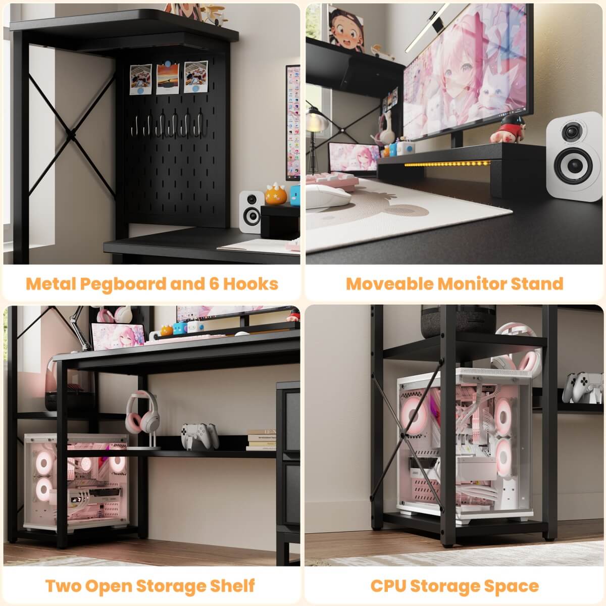 53 Inch Computer Desk with 2 Fabric Drawers, Reversible Home Office Desk with LED Lights, Power Outlets, Side Tall Shelf