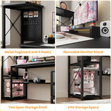 53 Inch Computer Desk with 2 Fabric Drawers, Reversible Home Office Desk with LED Lights, Power Outlets, Side Tall Shelf