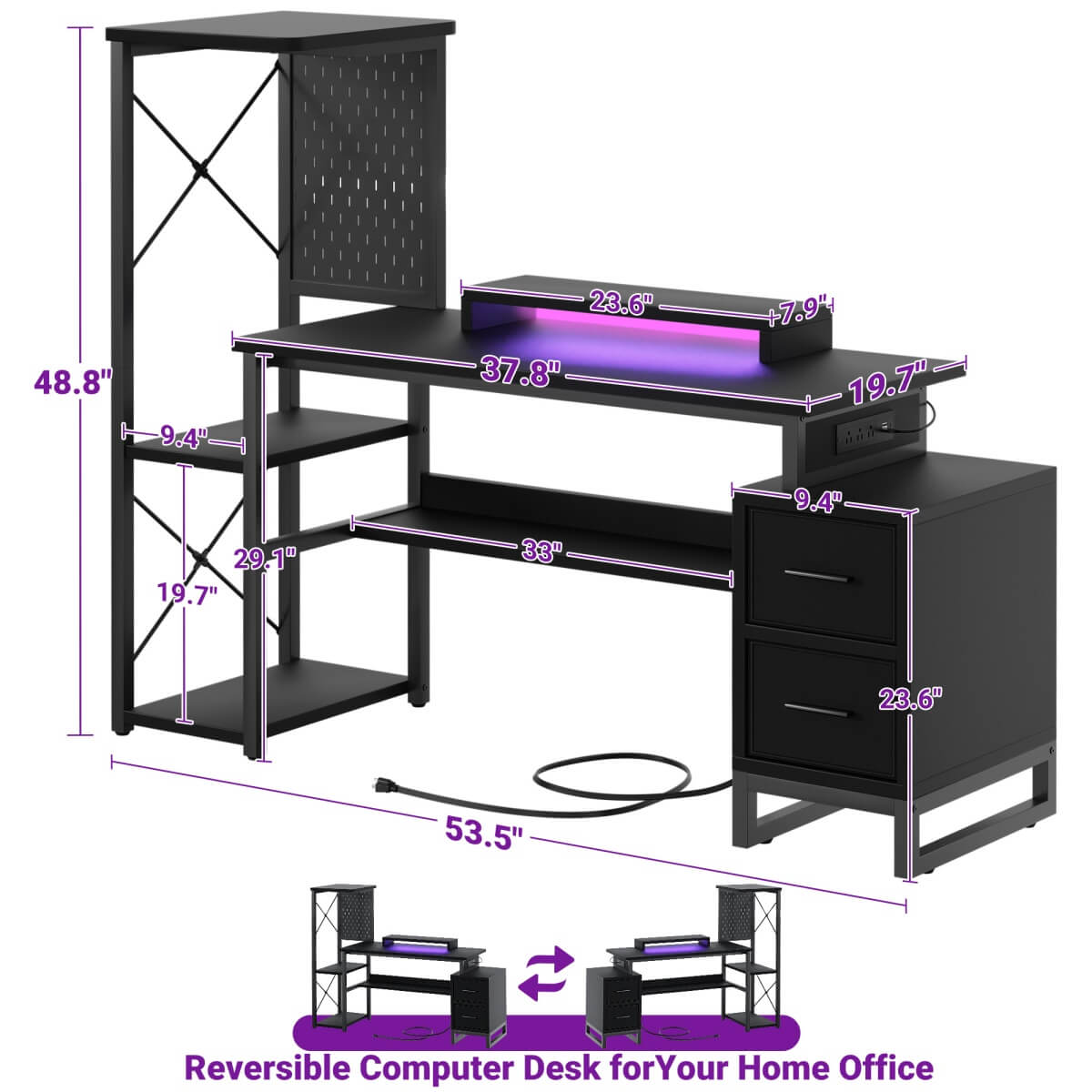 53 Inch Computer Desk with 2 Fabric Drawers, Reversible Home Office Desk with LED Lights, Power Outlets, Side Tall Shelf