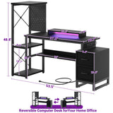 53 Inch Computer Desk with 2 Fabric Drawers, Reversible Home Office Desk with LED Lights, Power Outlets, Side Tall Shelf