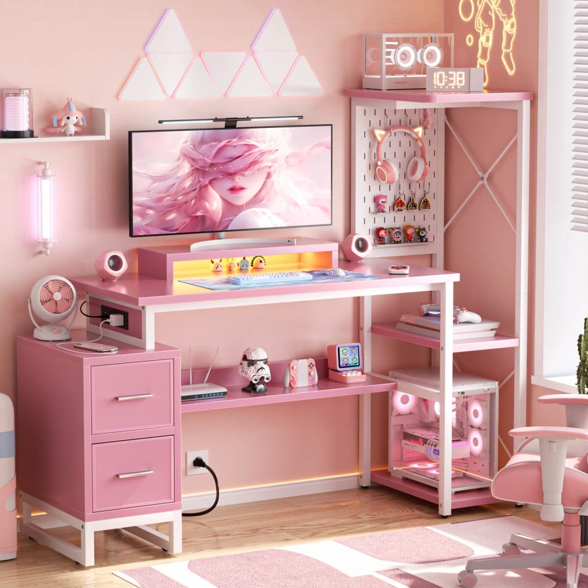 53 Inch Computer Desk with 2 Fabric Drawers, Reversible Home Office Desk with LED Lights, Power Outlets, Side Tall Shelf