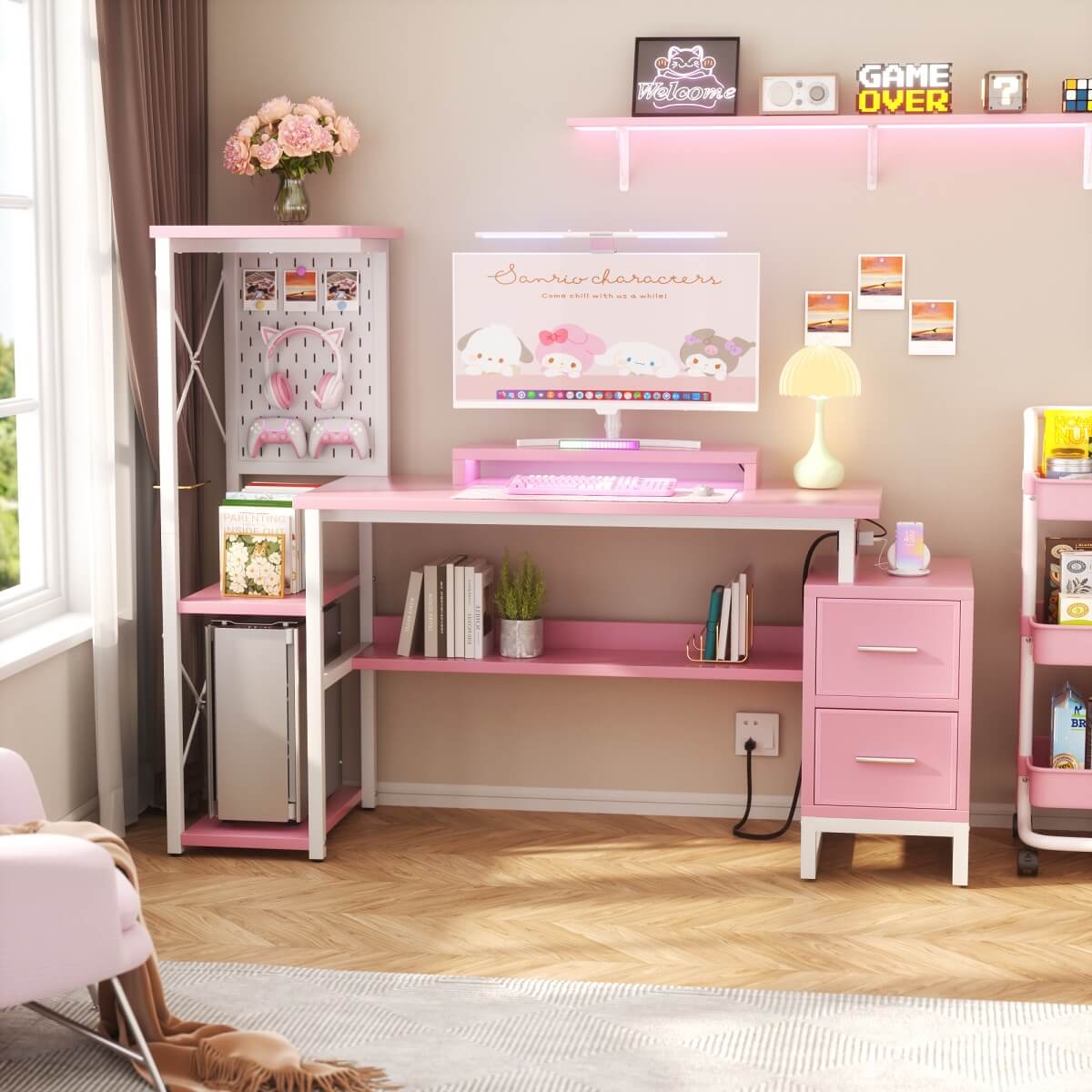 53 Inch Computer Desk with 2 Fabric Drawers, Reversible Home Office Desk with LED Lights, Power Outlets, Side Tall Shelf
