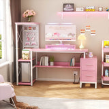 53 Inch Computer Desk with 2 Fabric Drawers, Reversible Home Office Desk with LED Lights, Power Outlets, Side Tall Shelf