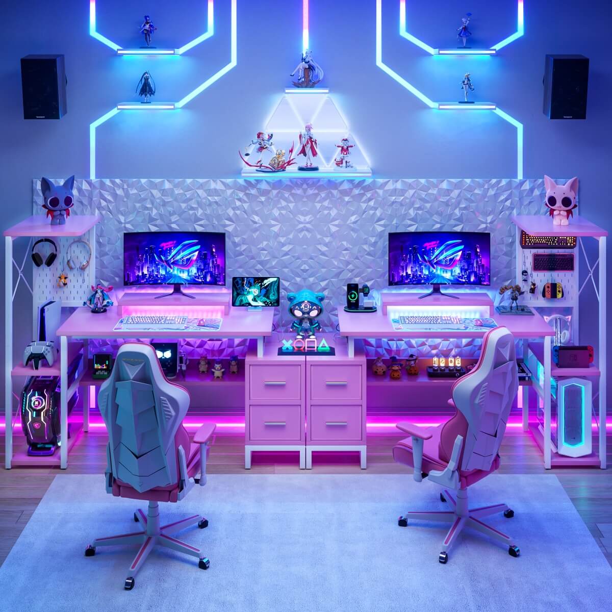 53 Inch Computer Desk with 2 Fabric Drawers, Reversible Home Office Desk with LED Lights, Power Outlets, Side Tall Shelf