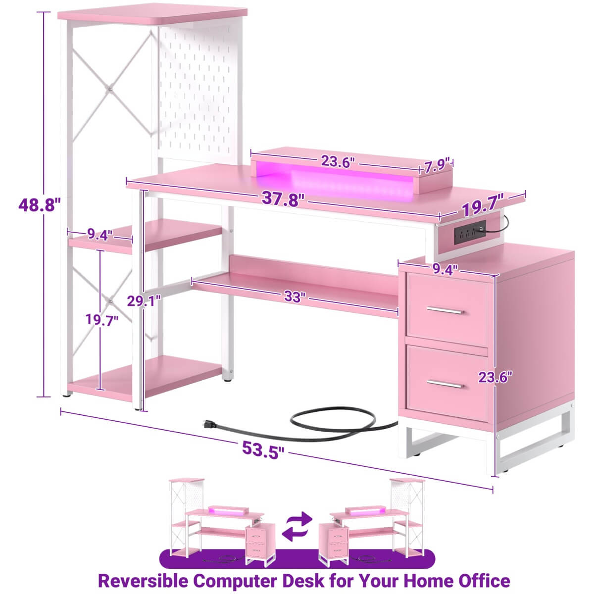 53 Inch Computer Desk with 2 Fabric Drawers, Reversible Home Office Desk with LED Lights, Power Outlets, Side Tall Shelf