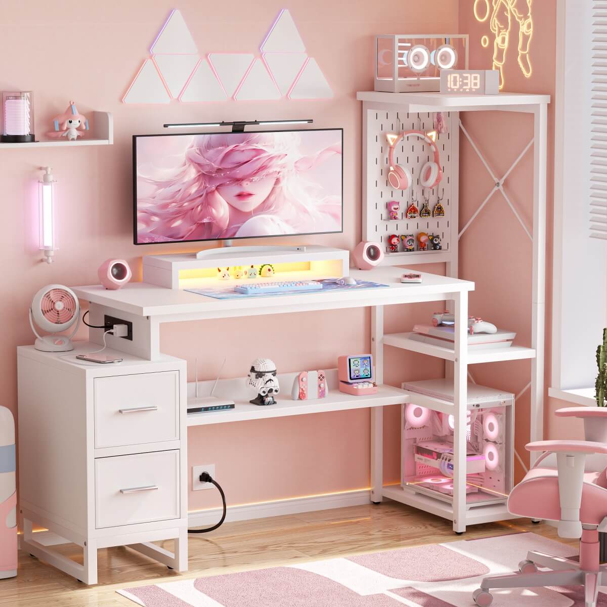 53 Inch Computer Desk with 2 Fabric Drawers, Reversible Home Office Desk with LED Lights, Power Outlets, Side Tall Shelf