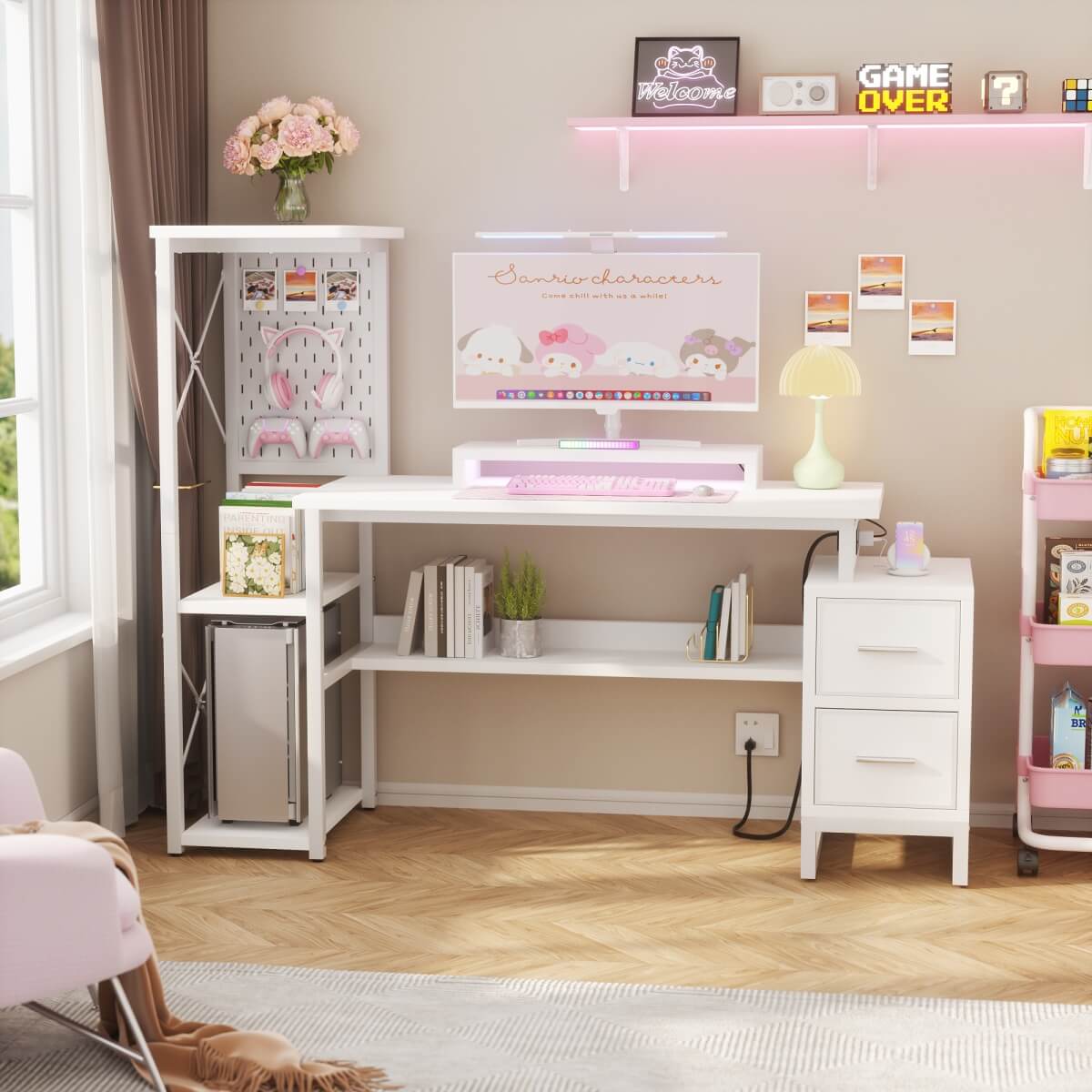 53 Inch Computer Desk with 2 Fabric Drawers, Reversible Home Office Desk with LED Lights, Power Outlets, Side Tall Shelf