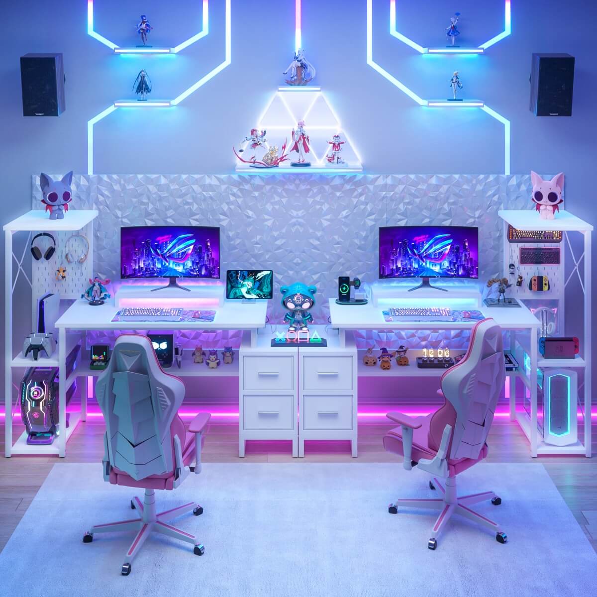 53 Inch Computer Desk with 2 Fabric Drawers, Reversible Home Office Desk with LED Lights, Power Outlets, Side Tall Shelf