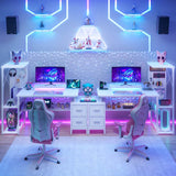 53 Inch Computer Desk with 2 Fabric Drawers, Reversible Home Office Desk with LED Lights, Power Outlets, Side Tall Shelf