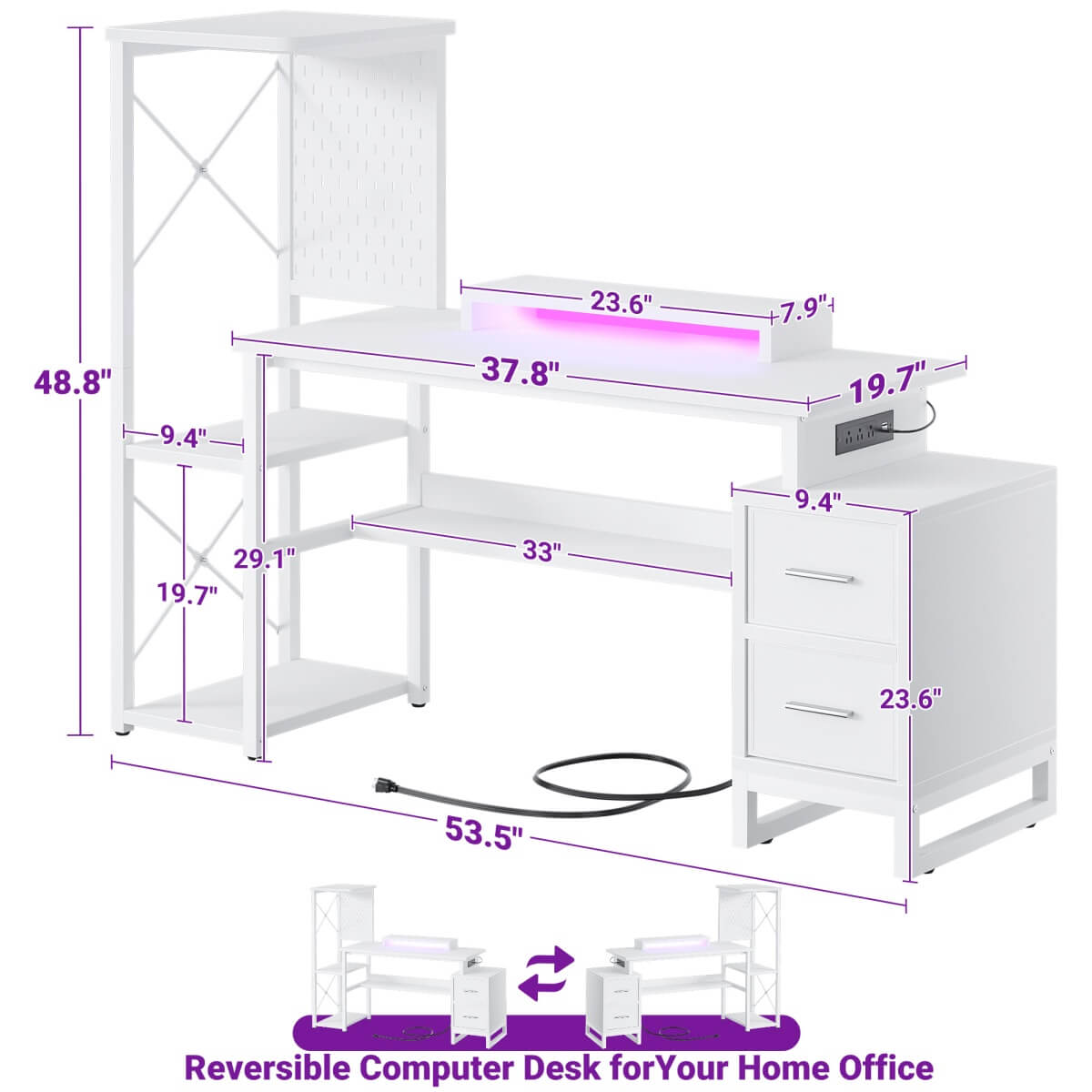 53 Inch Computer Desk with 2 Fabric Drawers, Reversible Home Office Desk with LED Lights, Power Outlets, Side Tall Shelf