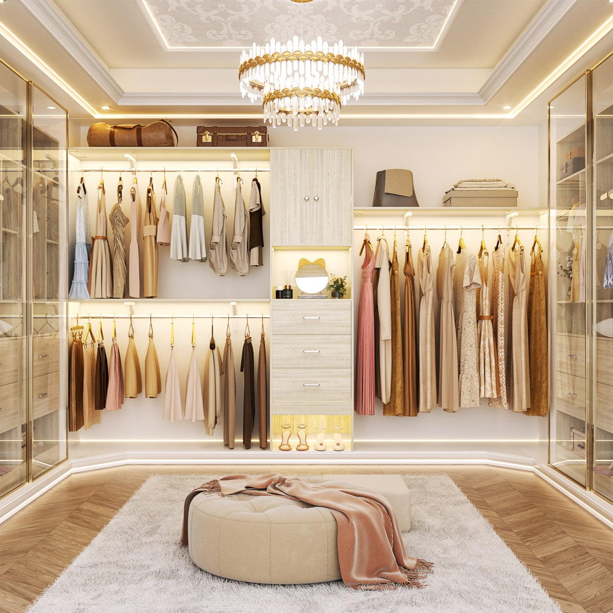 Unikito 120'' Large Closet System with 3 Drawers, 3 Hanging Rods