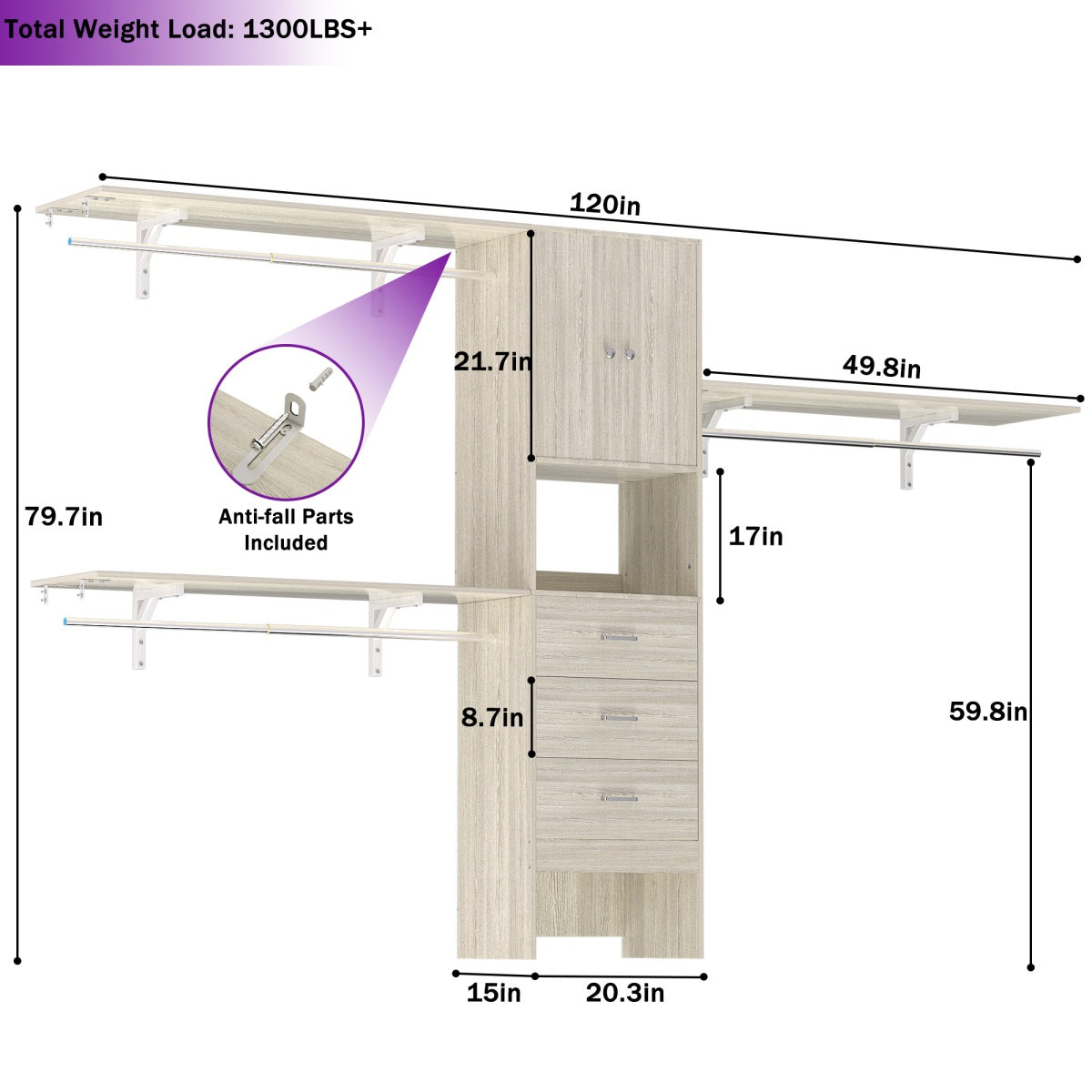 120'' Large Closet System with 3 Drawers and Doors, Closet with 3 Hanging Rods & Shlef Towers