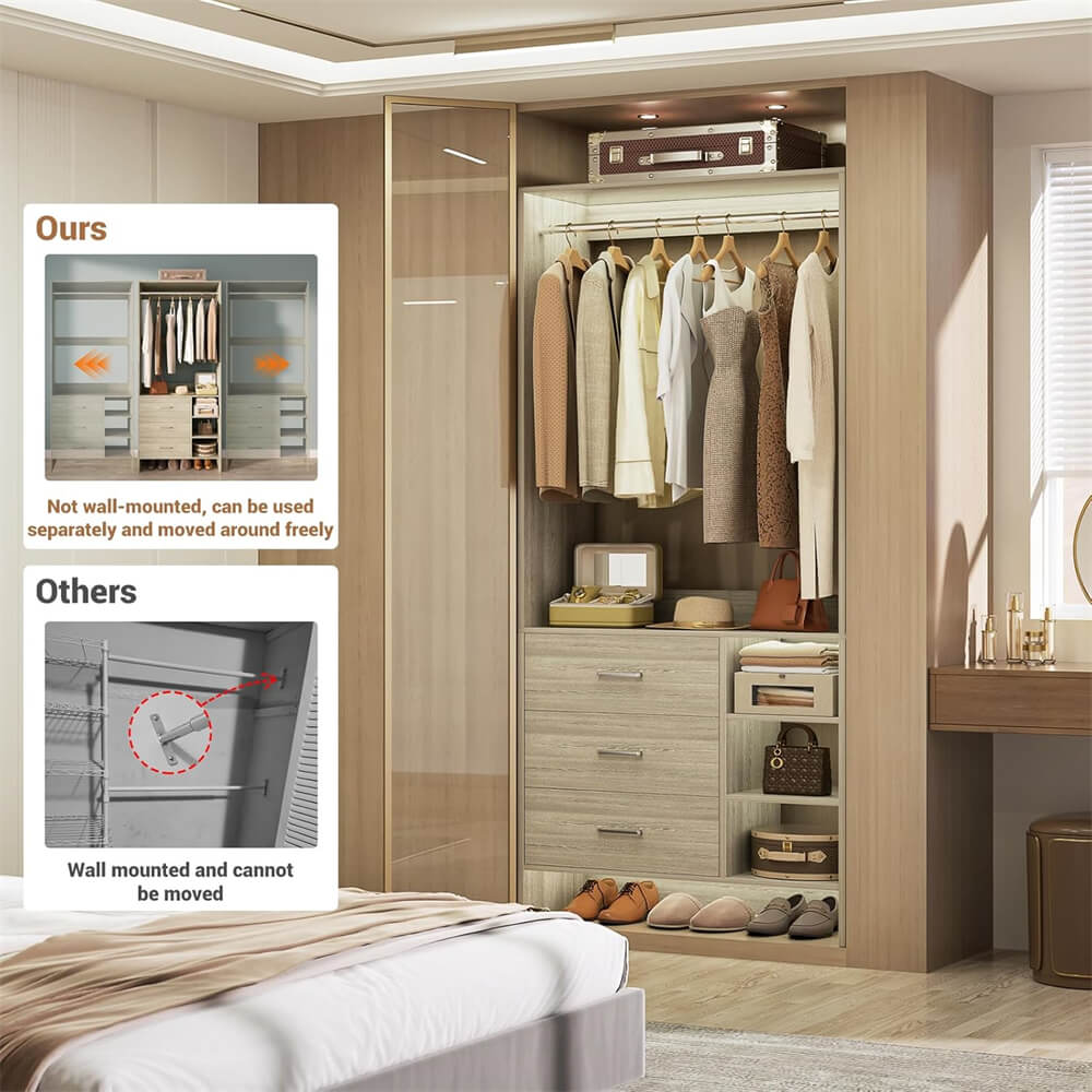 2.5FT Closet System with 3 Wooden Drawers and Shelves, 29.6'' Freestanding Walk In Clothes Storage Organizer for Home