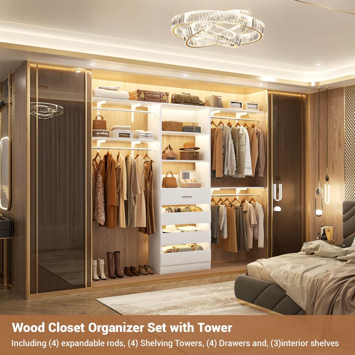 Unikito 4-9FT Walk-in Closet System with 4 Drawers & Hanging Rods