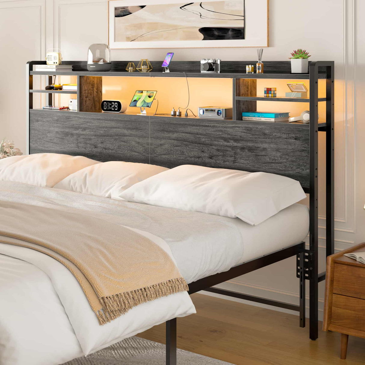 King Size Headboard with Storage Shelf for King Size Bed, with Power Outlets & LED Light