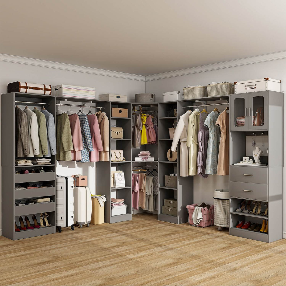 3-in-1 Walk in Closet System with Drawers and Shelves, Heavy Duty Closet Organizer System, 80'' Height, 2000 LBS Weight Capacity