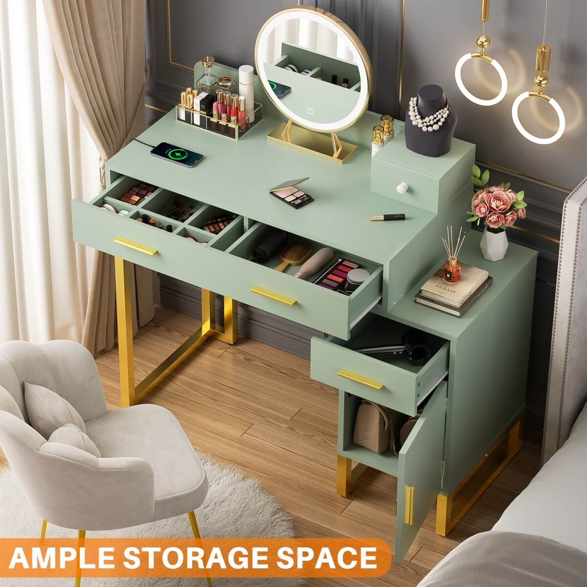 Makeup Vanity Desk with 4 Storage Drawers and Charging Station
