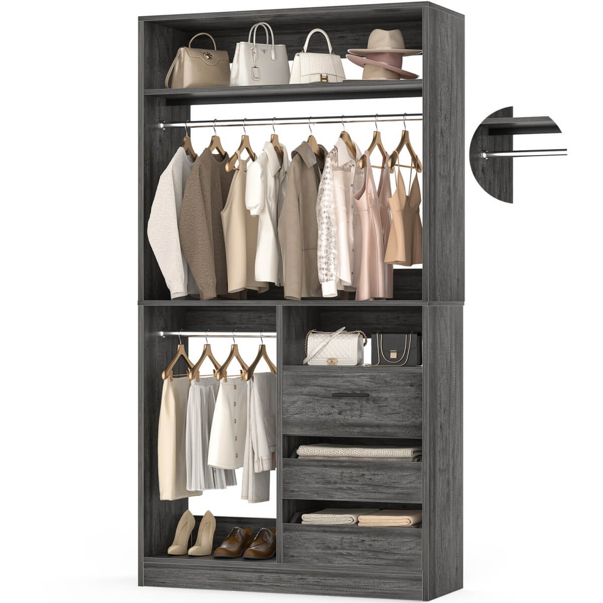 Unikito 36'' Walk in Closet System with 3 Wooden Drawers & 2