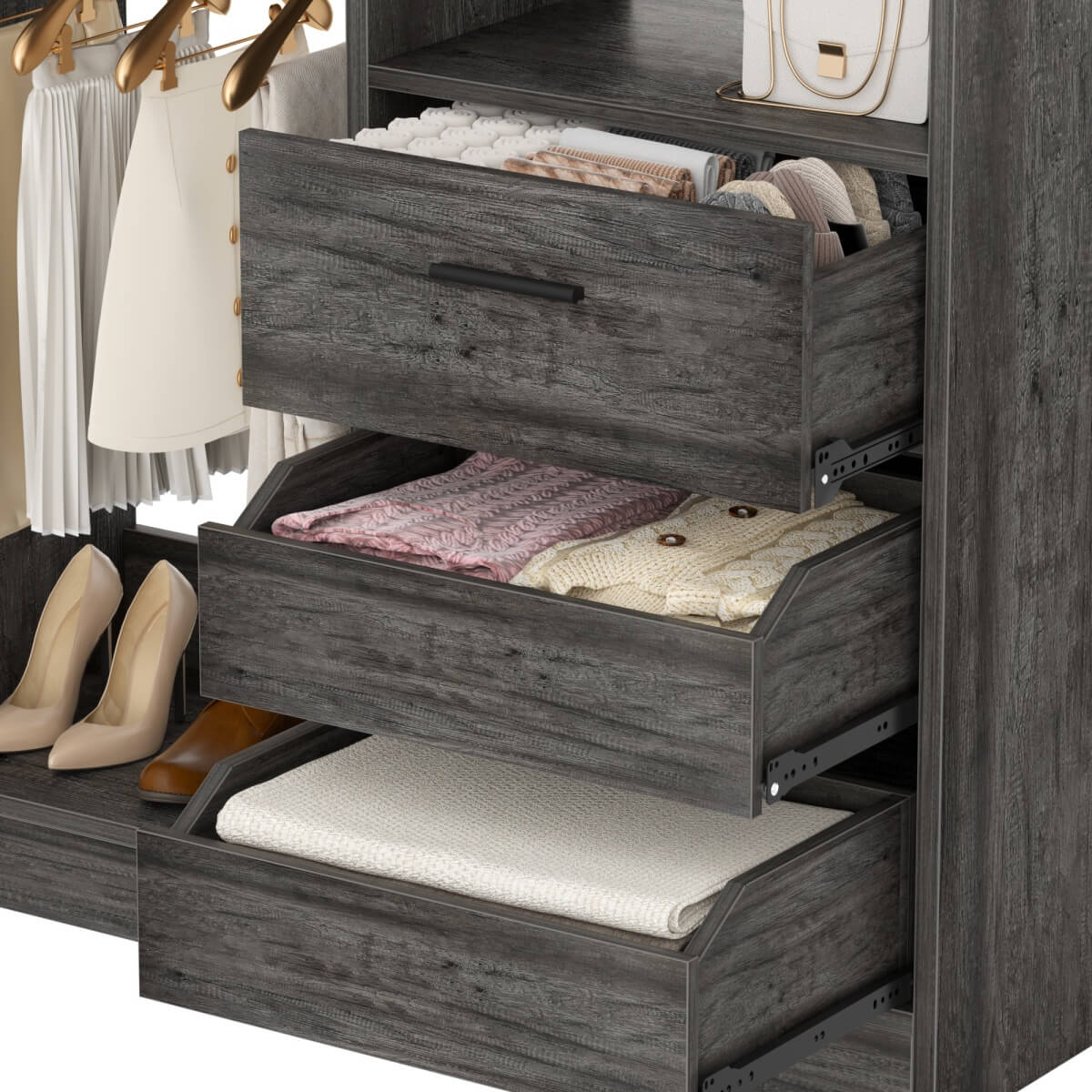 36'' Walk in Closet System with 3 Wooden Drawers, Freestanding WardrobeCloset with 2 Hanging Rods