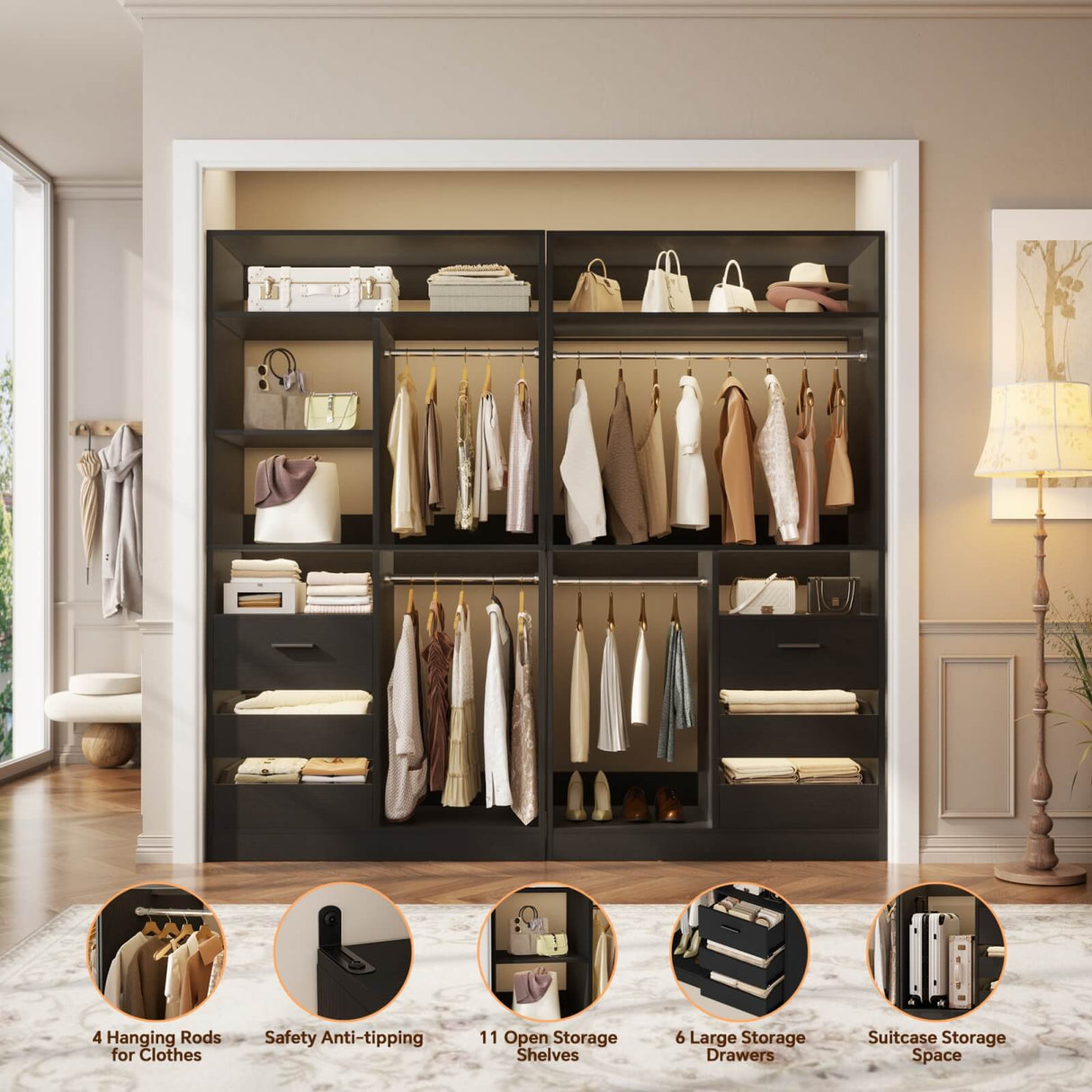 72 inch Walk in Closet Organizer with Drawers, Shelves and Hanging Rods, 2 Packs