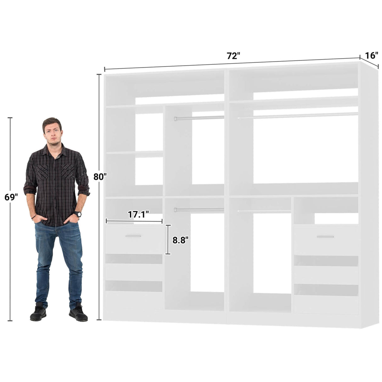 72 inch Walk in Closet Organizer with Drawers, Shelves and Hanging Rods, 2 Packs