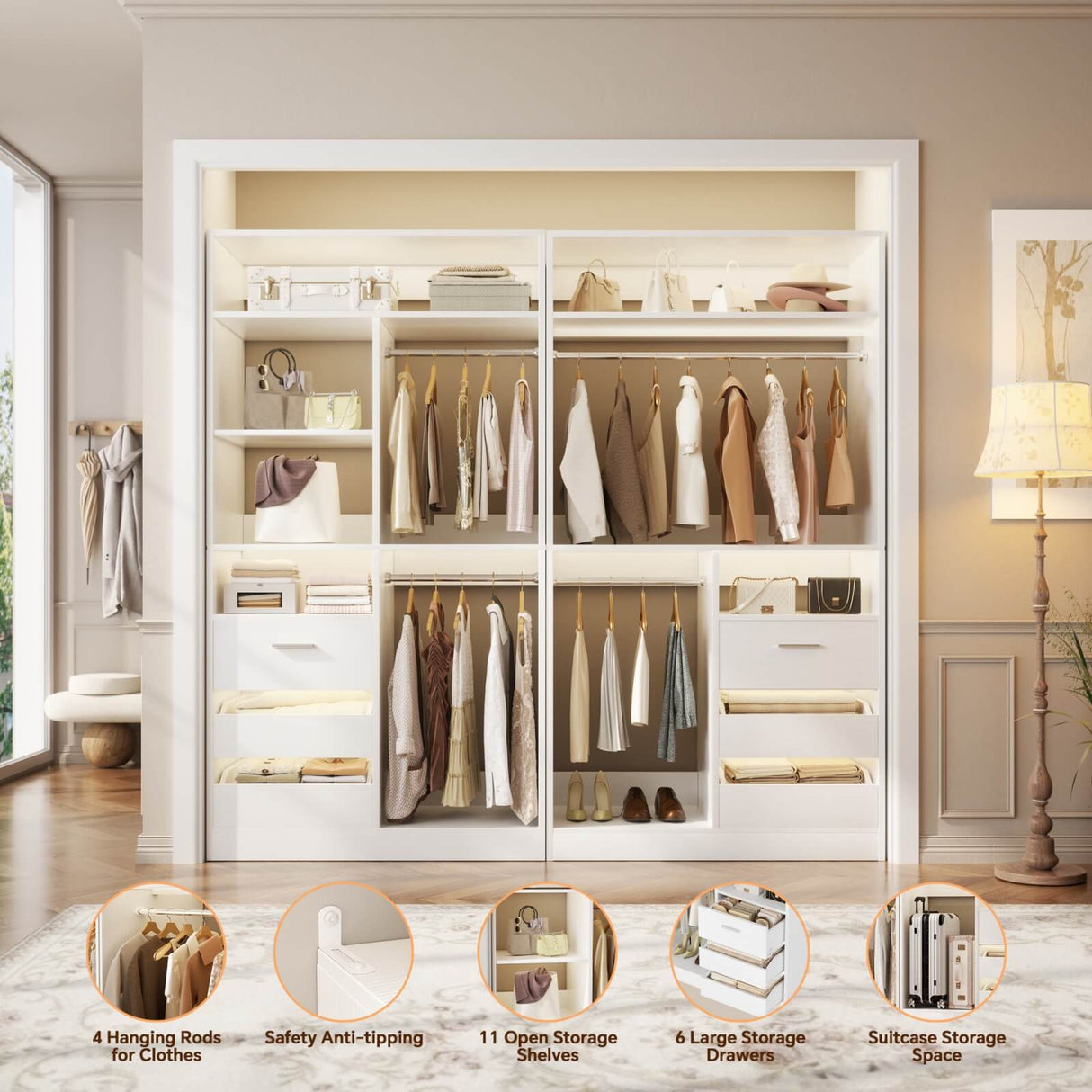 72 inch Walk in Closet Organizer with Drawers, Shelves and Hanging Rods, 2 Packs