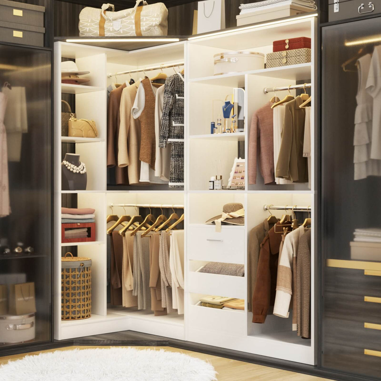 6FT Heavy Duty Corner Closet Organizer System with Drawers, Shelves and Hanging Rods