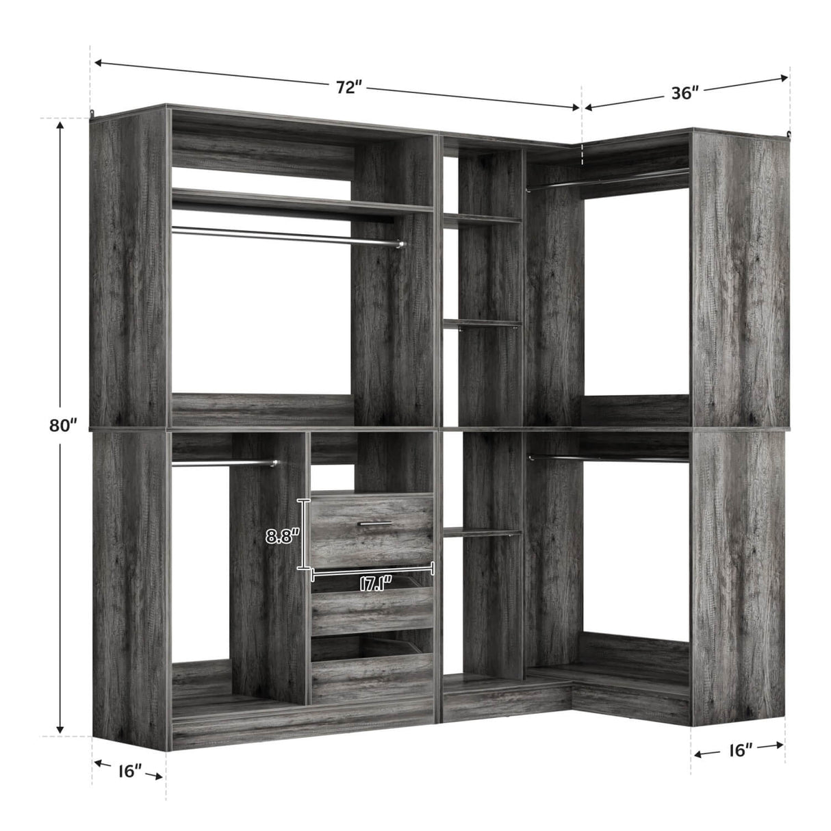 6FT Heavy Duty Corner Closet Organizer System with Drawers, Shelves and Hanging Rods