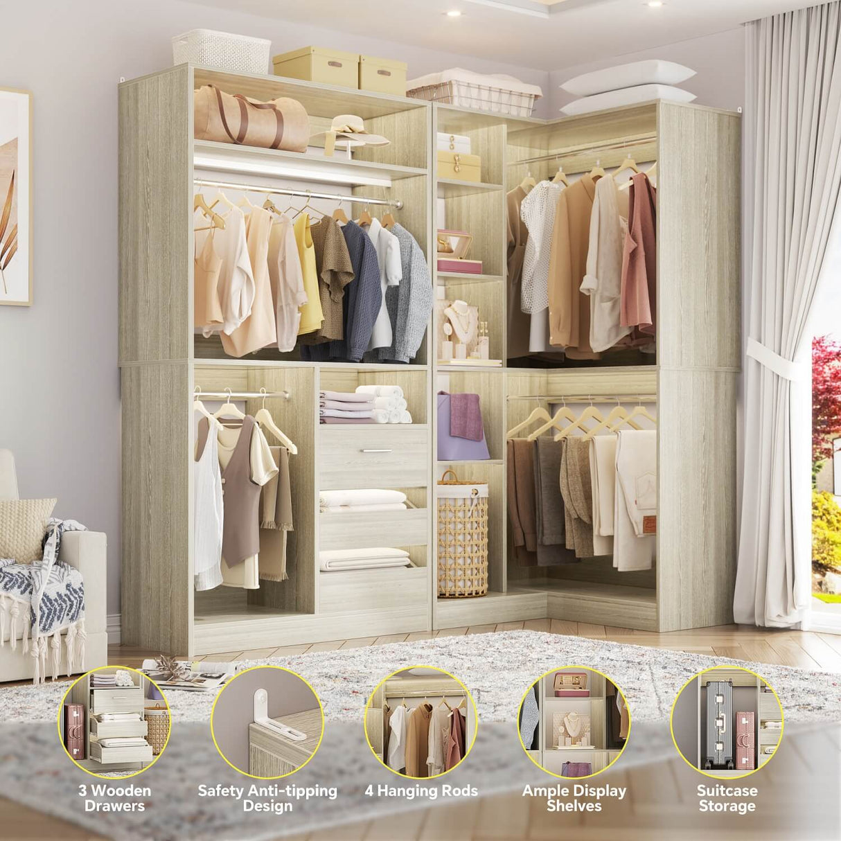 6FT Heavy Duty Corner Closet Organizer System with Drawers, Shelves and Hanging Rods