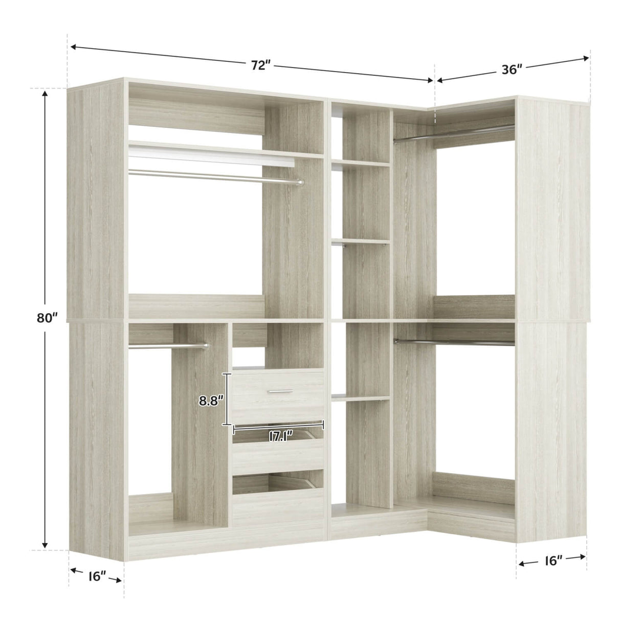 6FT Heavy Duty Corner Closet Organizer System with Drawers, Shelves and Hanging Rods