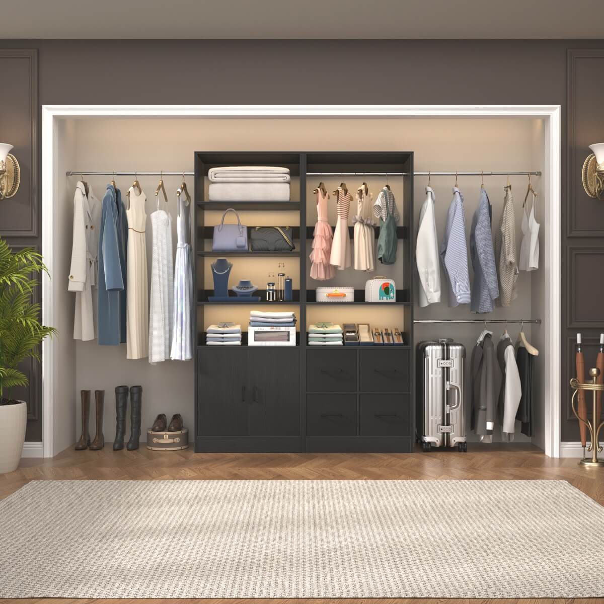 128'' Walk-in Closet System with 2 Sets, Closet Organizer with 4 Fabric Drawers and 4 Hanging Rods