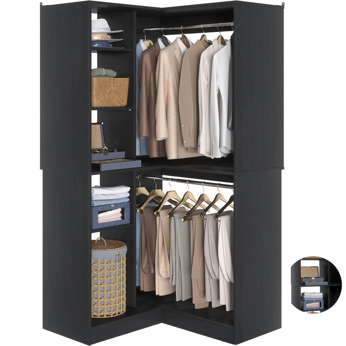 Unikito 36'' Freestanding Corner Closet System with 2 Hanging Rods & 8 ...