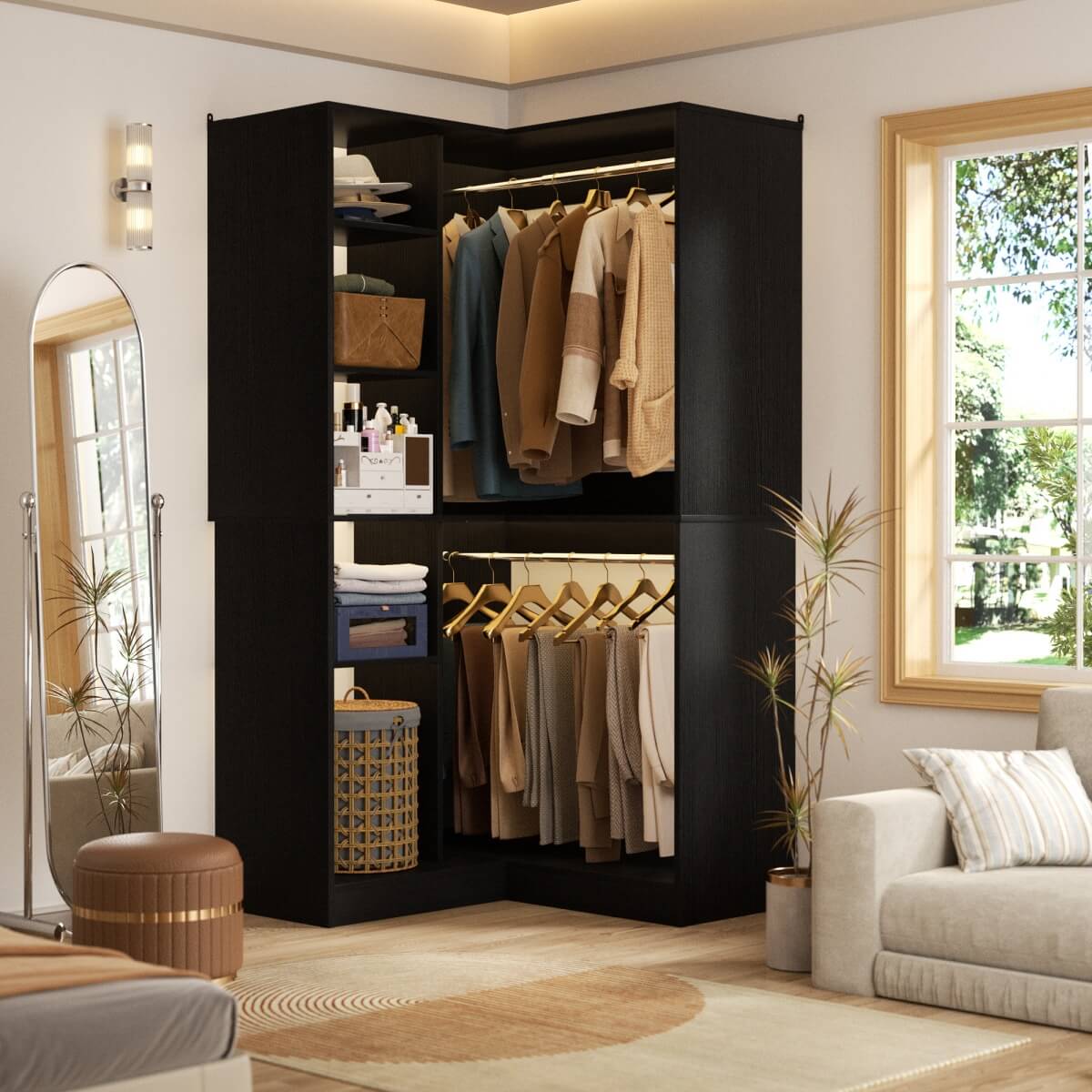 36'' Freestanding Corner Closet System with 2 Hanging Rods & 8 Storage Shelves