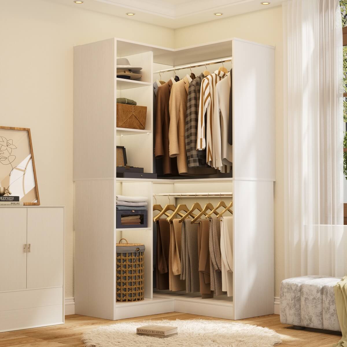 36'' Freestanding Corner Closet System with 2 Hanging Rods & 8 Storage Shelves
