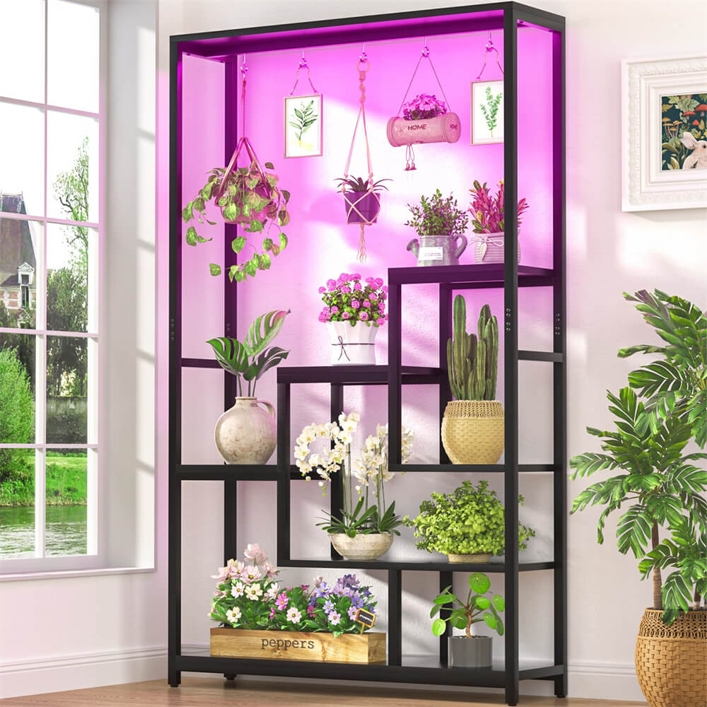 Unikito 6 Tier Plant Stand with Grow Lights Large Indoor Plant Holders Stand with Hanging Hooks