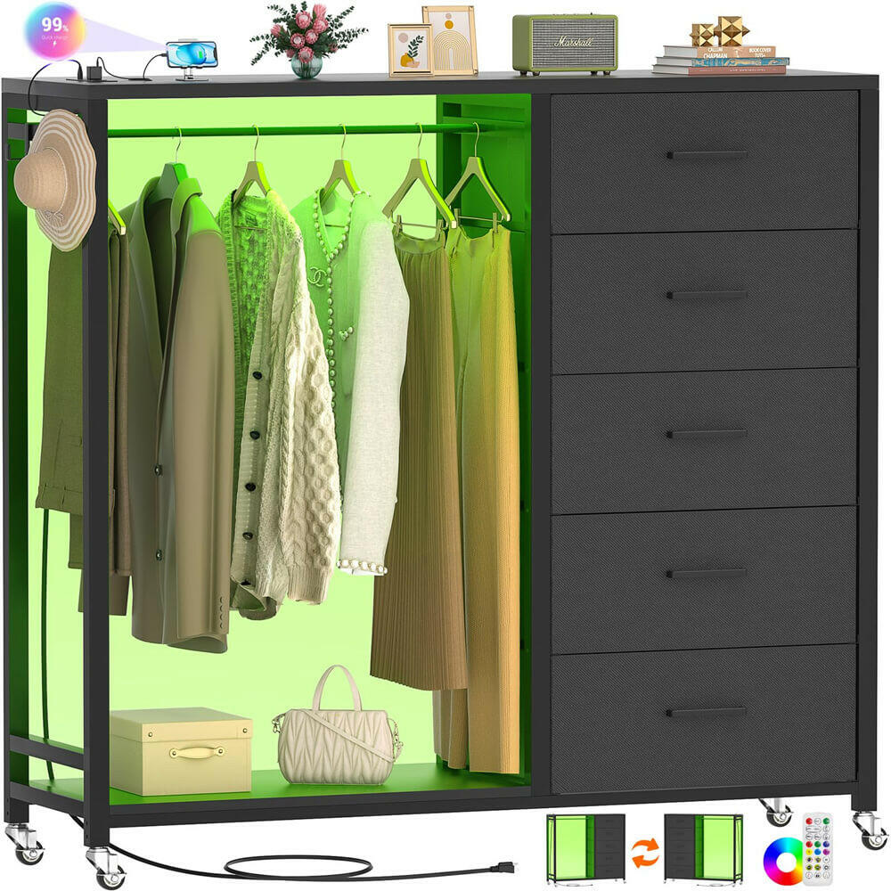 Unikito Bedroom Clothes Rack with 5 Drawers, Storage Closet Rack with Charging Station & LED Lights, Tall Metal Closet Rack with Wheels, Wooden Top, Lockable Wheels, Bedroom, Closet