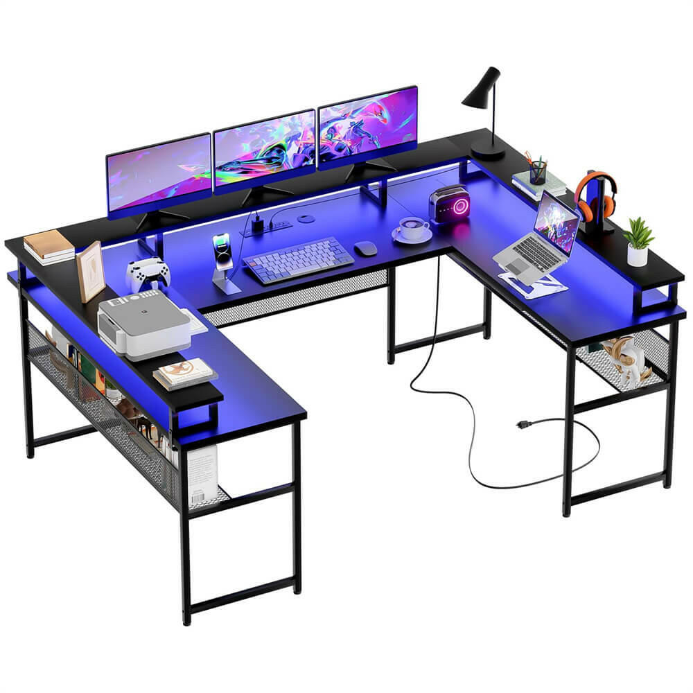 U Shaped Desk with Hutch, Shelf, Drawer, Power Outlets for Your