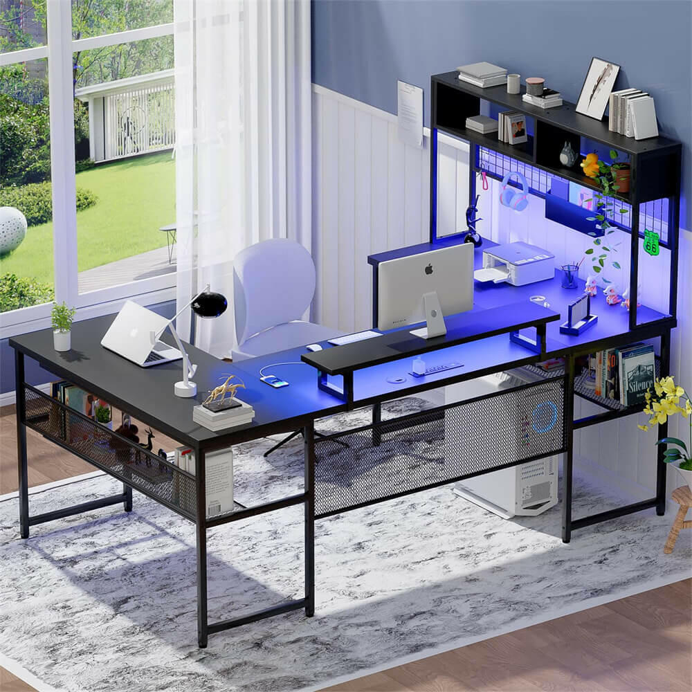 Unikito U Shaped Desk with Hutch, Reversible L Shaped Computer Desk wi