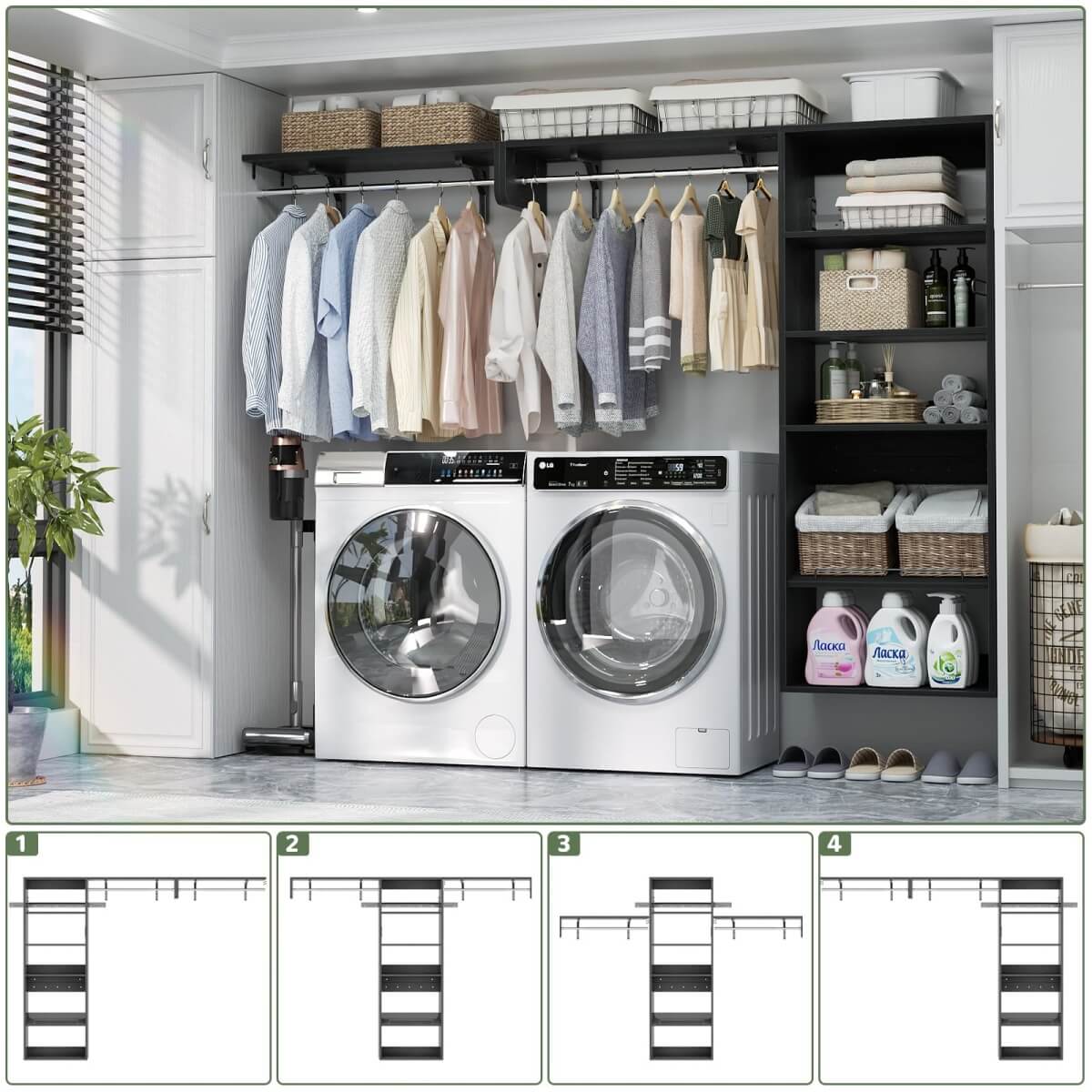 Unikito Over Washer and Dryer Storage Shelf 8ft Wall Mounted Laundry Room Organizer Space Saver Clothes Drying Rack with Hanger Rod 6 Tier
