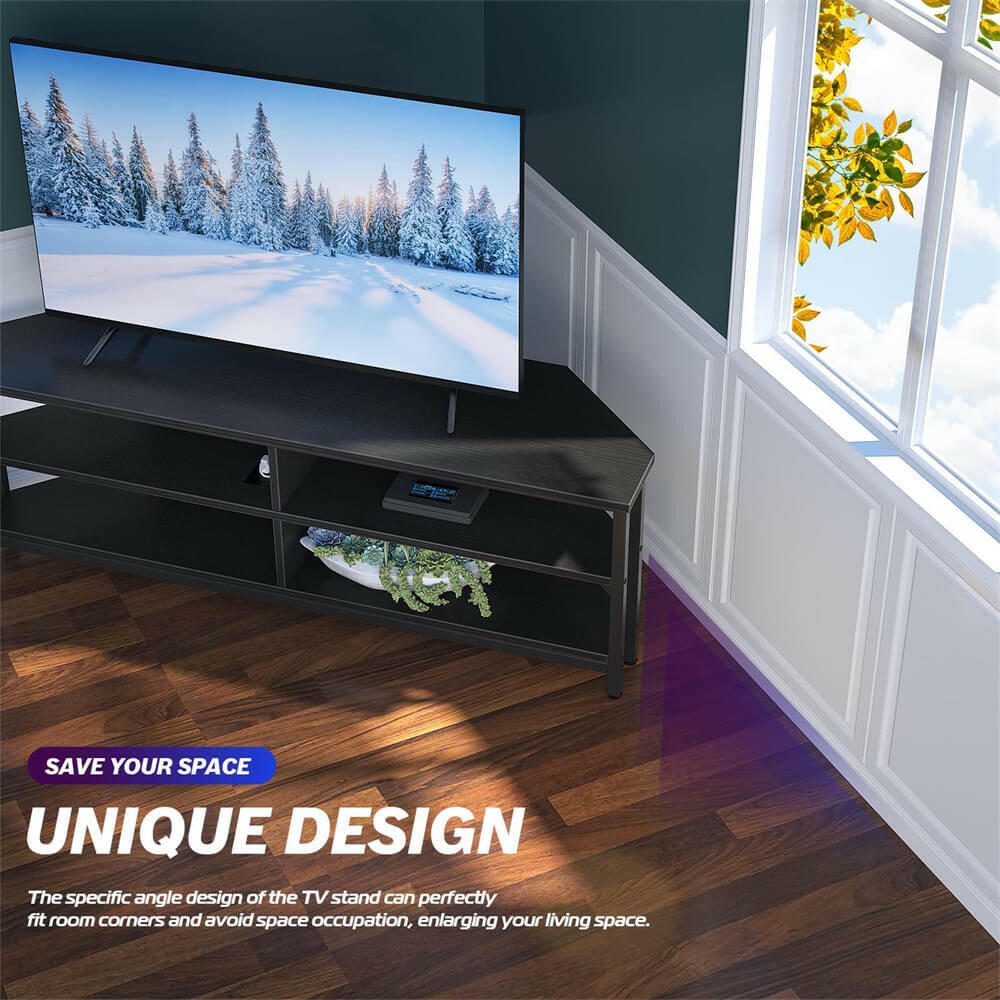 Unikito 55'' Corner TV Stand with Power Outlet, Corner Entertainment Center TV Console Table with 4 Open Storage Shelves, Metal Frame for Living Room, Bedroom, Industrial 60'' Corner TV Stand