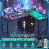 Unikito L Shaped Computer Desk, 58'' Reversible Gaming Desk with LED Strip & Adjustable Monitor Stand, Office Desk with Cabinet & Power Outlets, Corner Desk 2 Person Long Writing Study Table