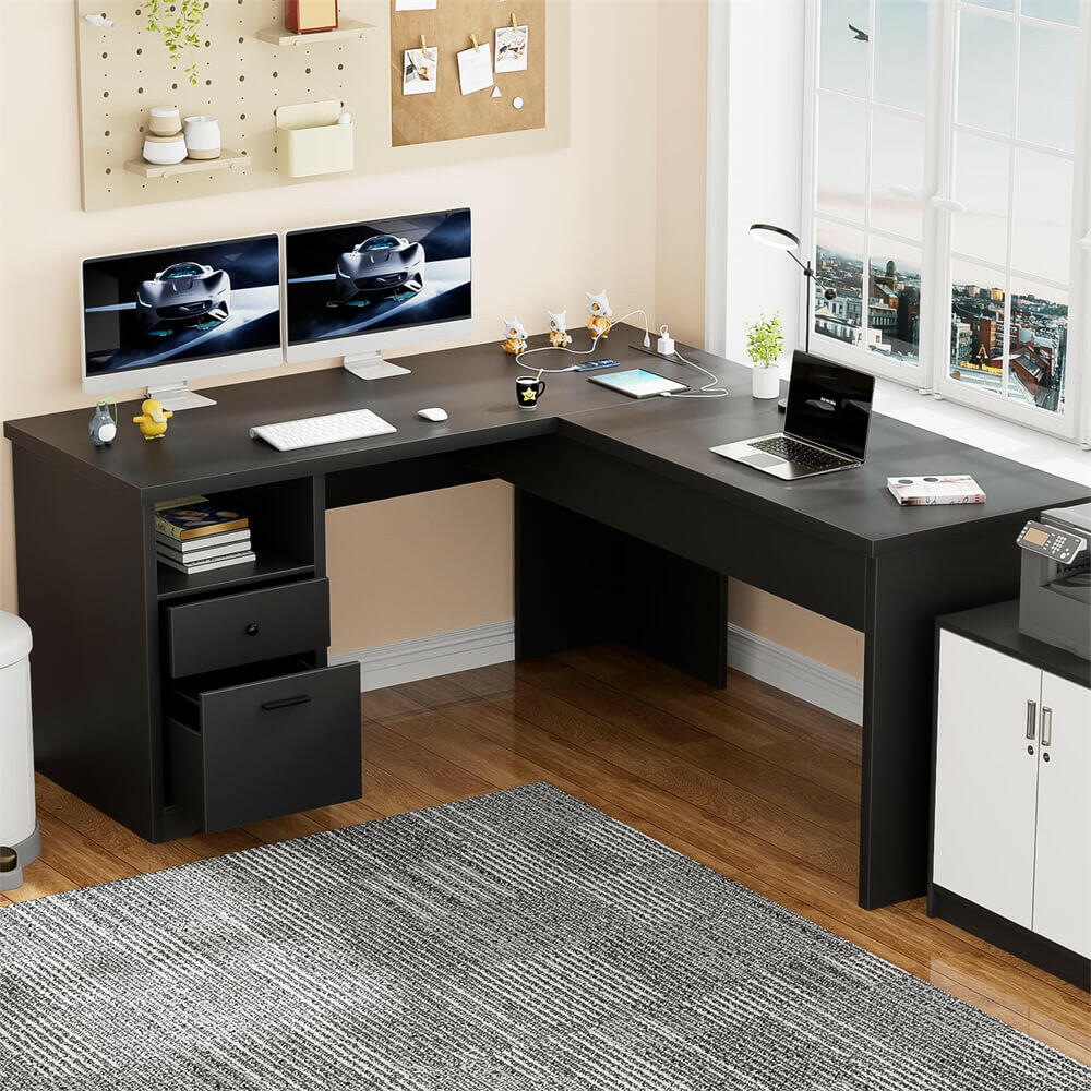 Unikito Lift Top L Shaped Desk with Drawer, Large Office Desk with Power Outlets and USB Charging Ports, Sturdy Corner Computer Desk Writing Table with Storage, L Shape Standing Desk