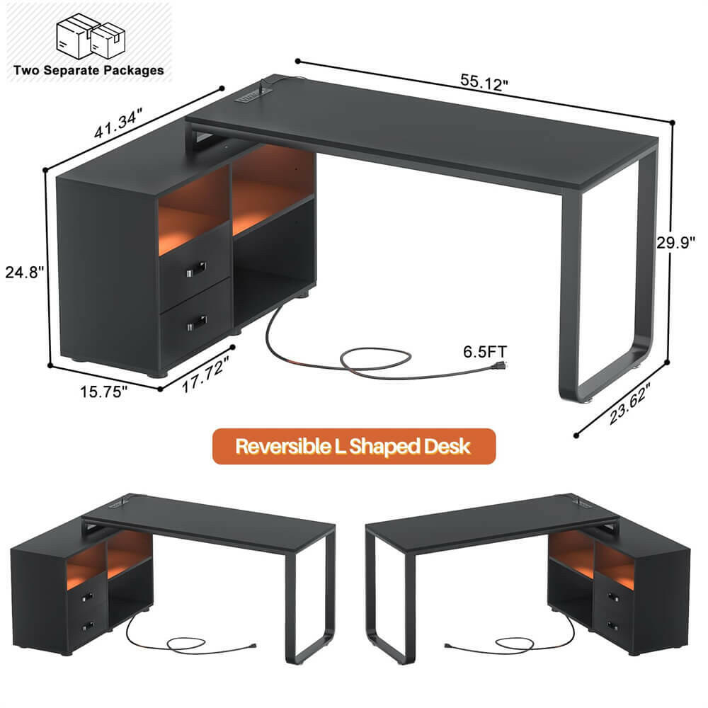 Unikito L Shaped Desk with File Cabinet & Power Outlet, Reversible 55 Inch Large Corner Computer Desks with LED Strip, L-Shaped Computer Desk with Drawers and Storage Shelves