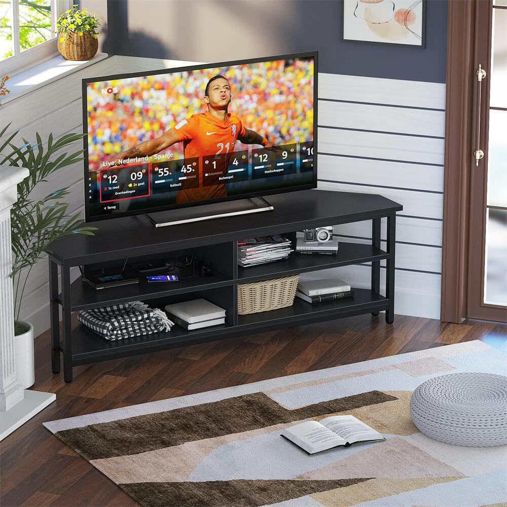 Unikito 55'' Corner TV Stand with Power Outlet, Corner Entertainment Center TV Console Table with 4 Open Storage Shelves, Metal Frame for Living Room, Bedroom, Industrial 60'' Corner TV Stand