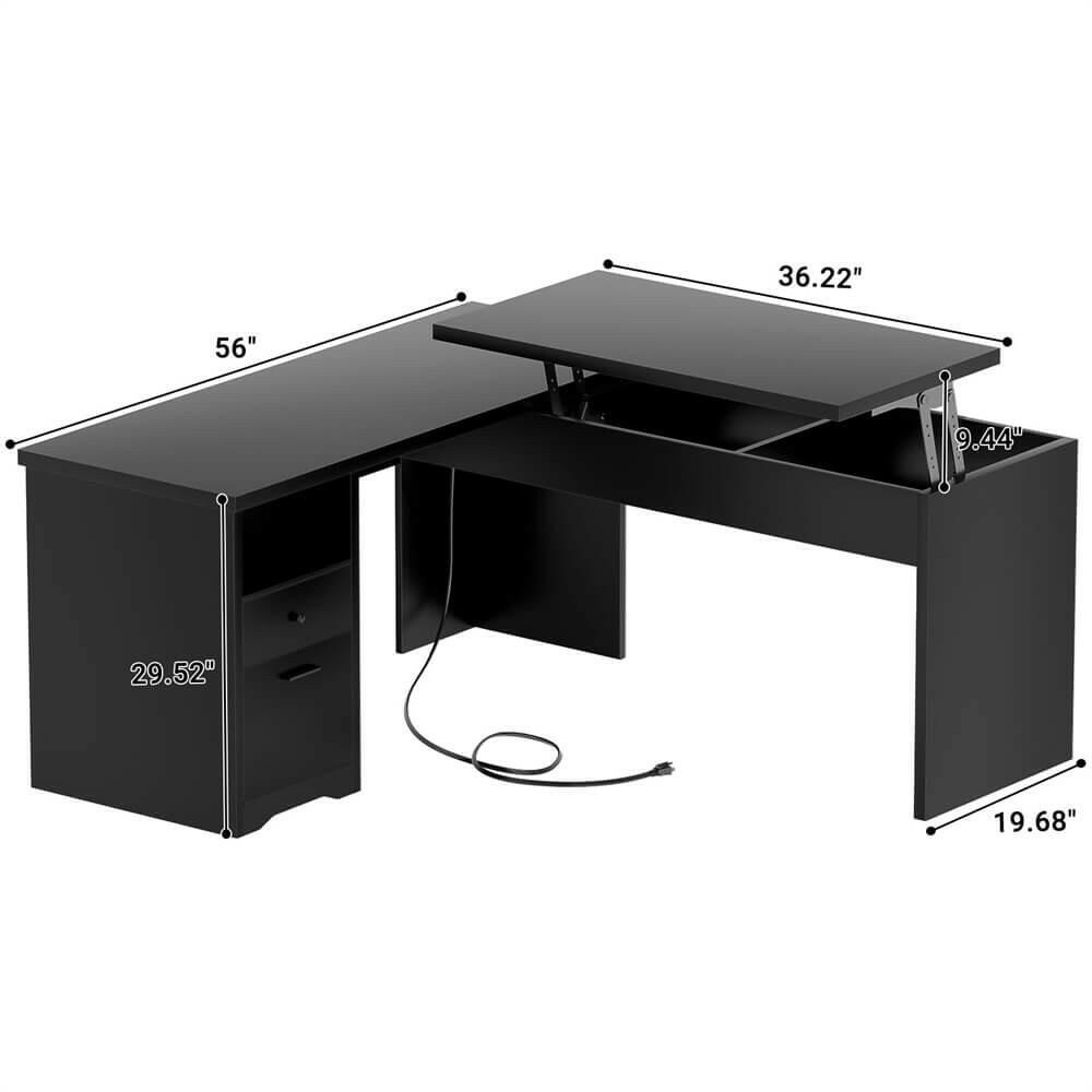 Unikito Lift Top L Shaped Desk with Drawer, Large Office Desk with Power Outlets and USB Charging Ports, Sturdy Corner Computer Desk Writing Table with Storage, L Shape Standing Desk