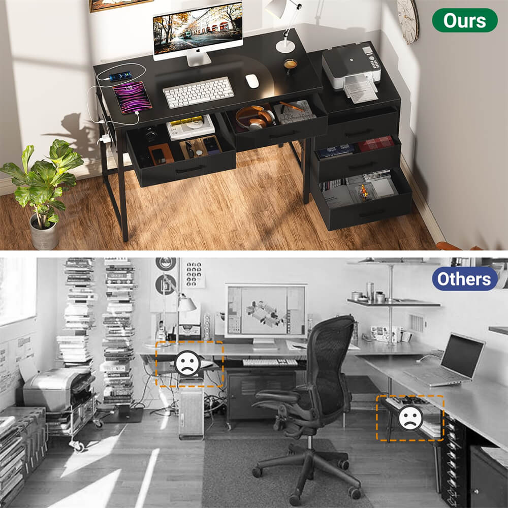 Unikito Reversible Computer Desk with 5 Drawers, Narrow Desk Comes