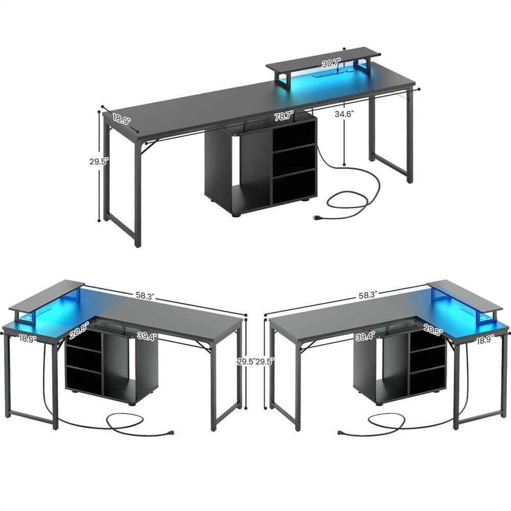 Unikito L Shaped Computer Desk, 58'' Reversible Gaming Desk with LED Strip & Adjustable Monitor Stand, Office Desk with Cabinet & Power Outlets, Corner Desk 2 Person Long Writing Study Table
